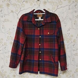 Red and Blue Plaid Wool Jacket With Suede Patch Elbows